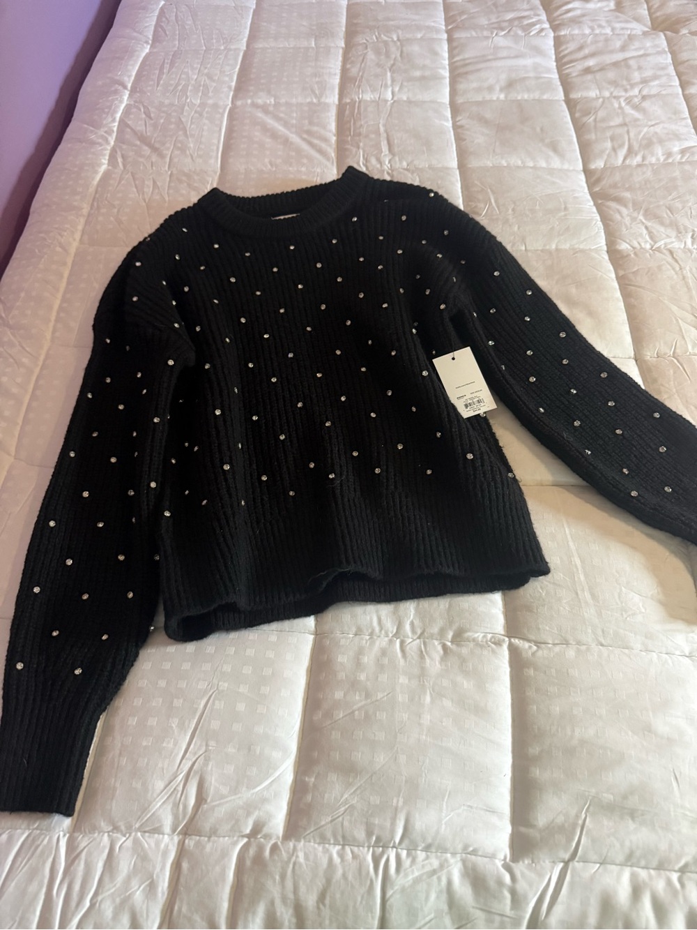 Nine West Black Crewneck Sweater with Rhinestone Dots